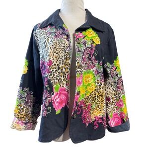Gaudy Couture Jacket Womens XL Leopard Floral Print Cotton Black Multicolor